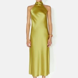 NWT Galvan London Cropped Silk Cropped Sienna Dress in Chartreuse/Gold